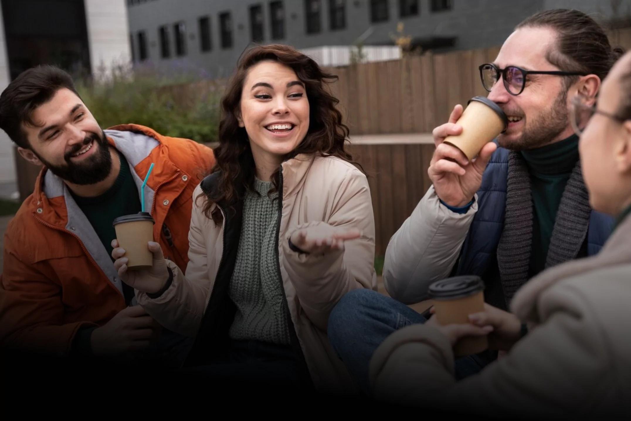 Three young adults sitting outdoors, one holding a coffee cup, engaged in conversation